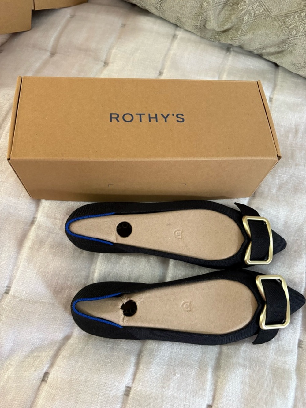 Rothy's The Emblem Point II - Black Pointed Toe Flats with Gold Buckles